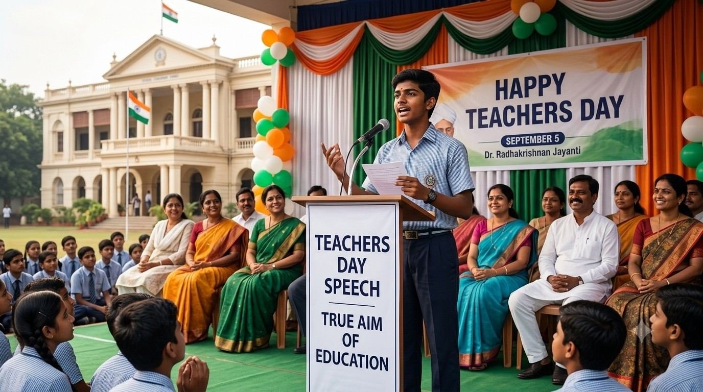 A student delivering an inspiring Teachers Day speech on stage in school